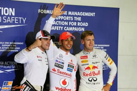 The Top Three Qualifiers : Second Place Pastor Maldonado (Williams F1 Team), Pole Position Lewis Hamilton (McLaren Merceds) and Third Place Sebastian Vettel (Red Bull Racing)