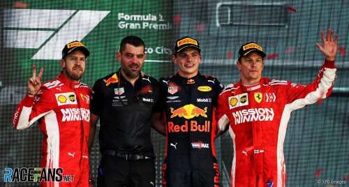The Podium : Second Place Sebastian Vettel (Scuderia Ferrari), Race Winner Max Verstappen (Red Bull Racing) and Third Place Kimi Räikkönen (Scuderia Ferrari)