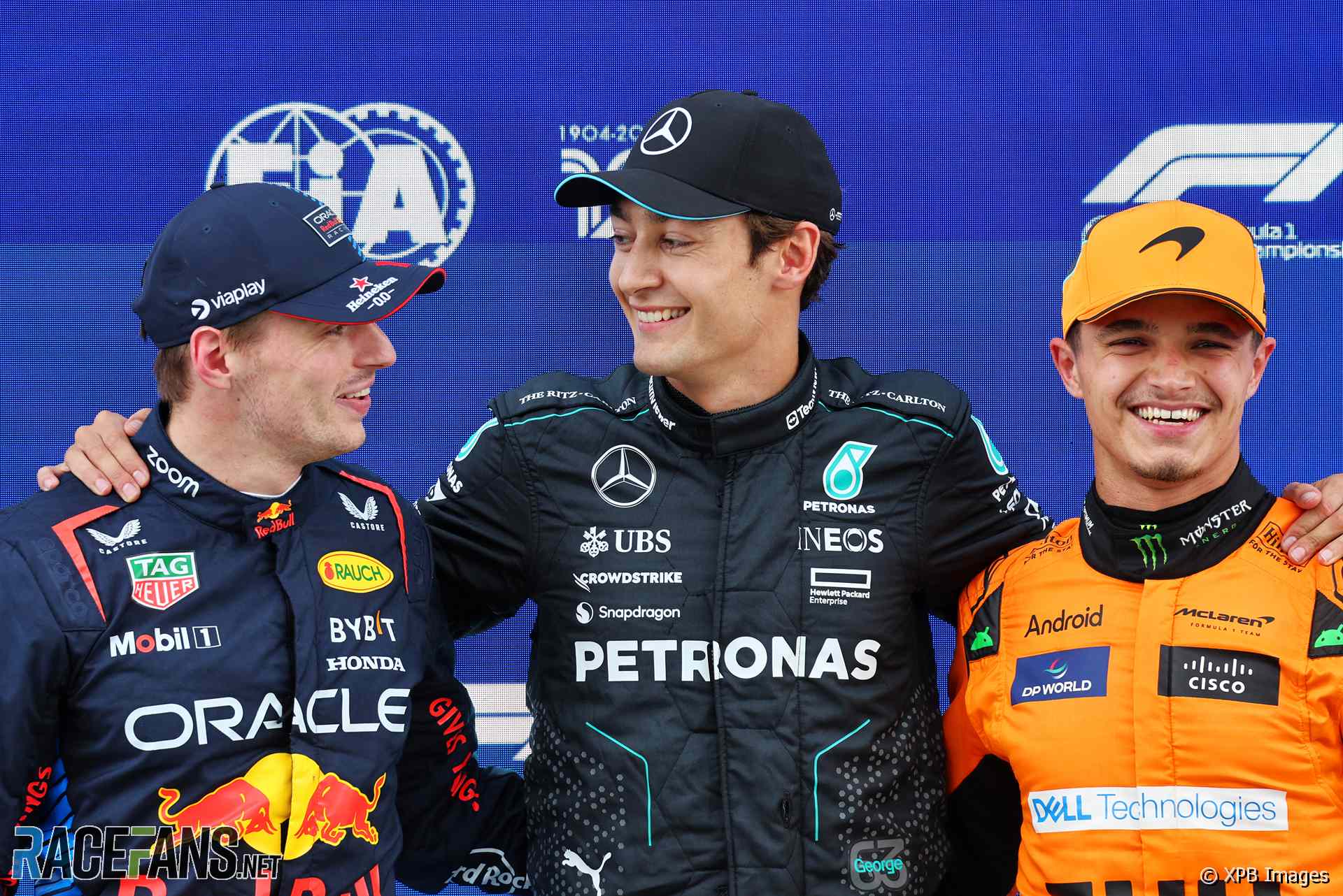 The Top Three Qualifiers : Second Place Max Verstappen (Red Bull Racing), Pole Position George Russell (Mercedes AMG F1 Team) and Third Place Lando Norris (McLaren F1 Team)